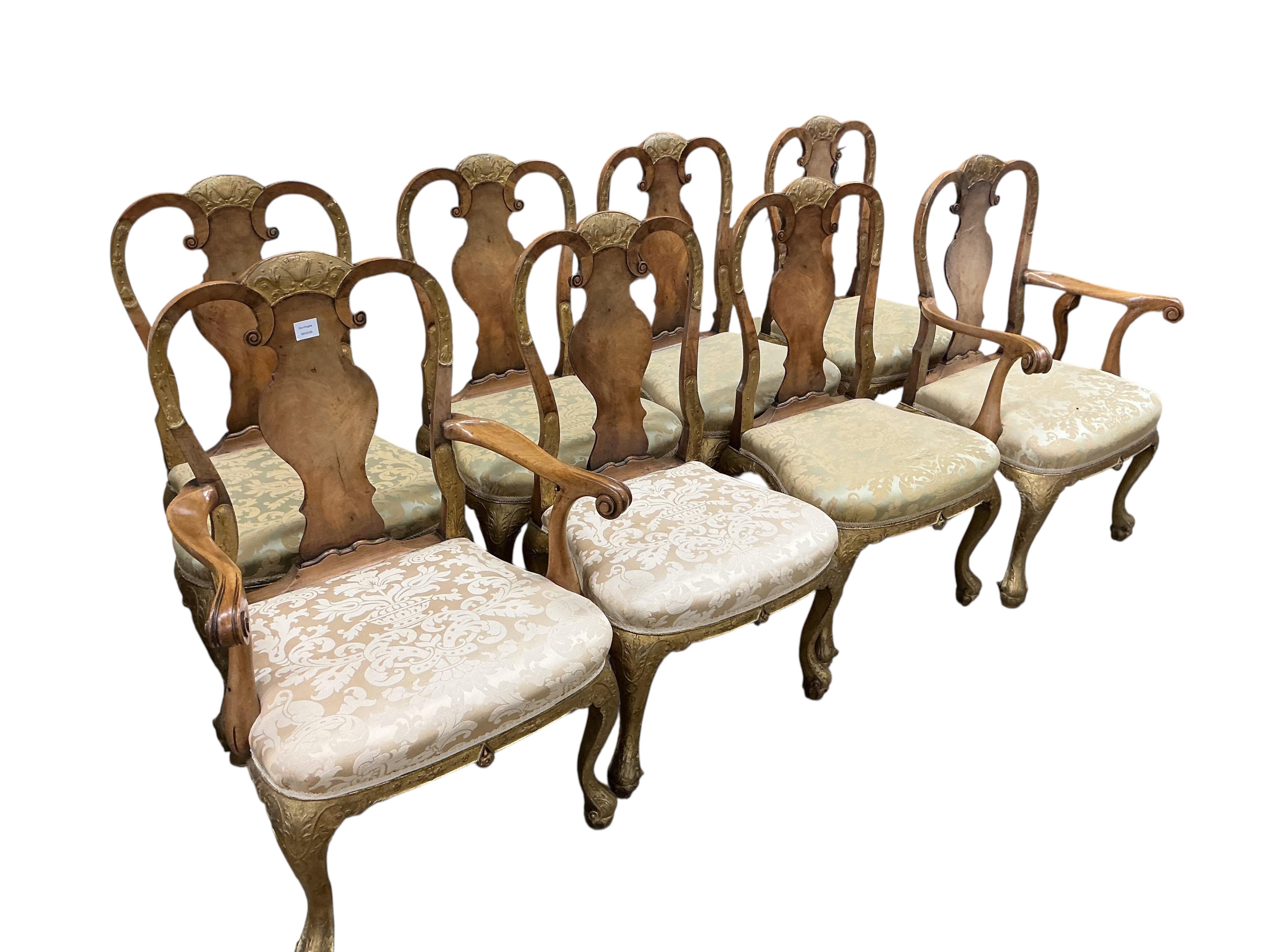 A set of eight George I style walnut and parcelgilt dining chairs, two with arms